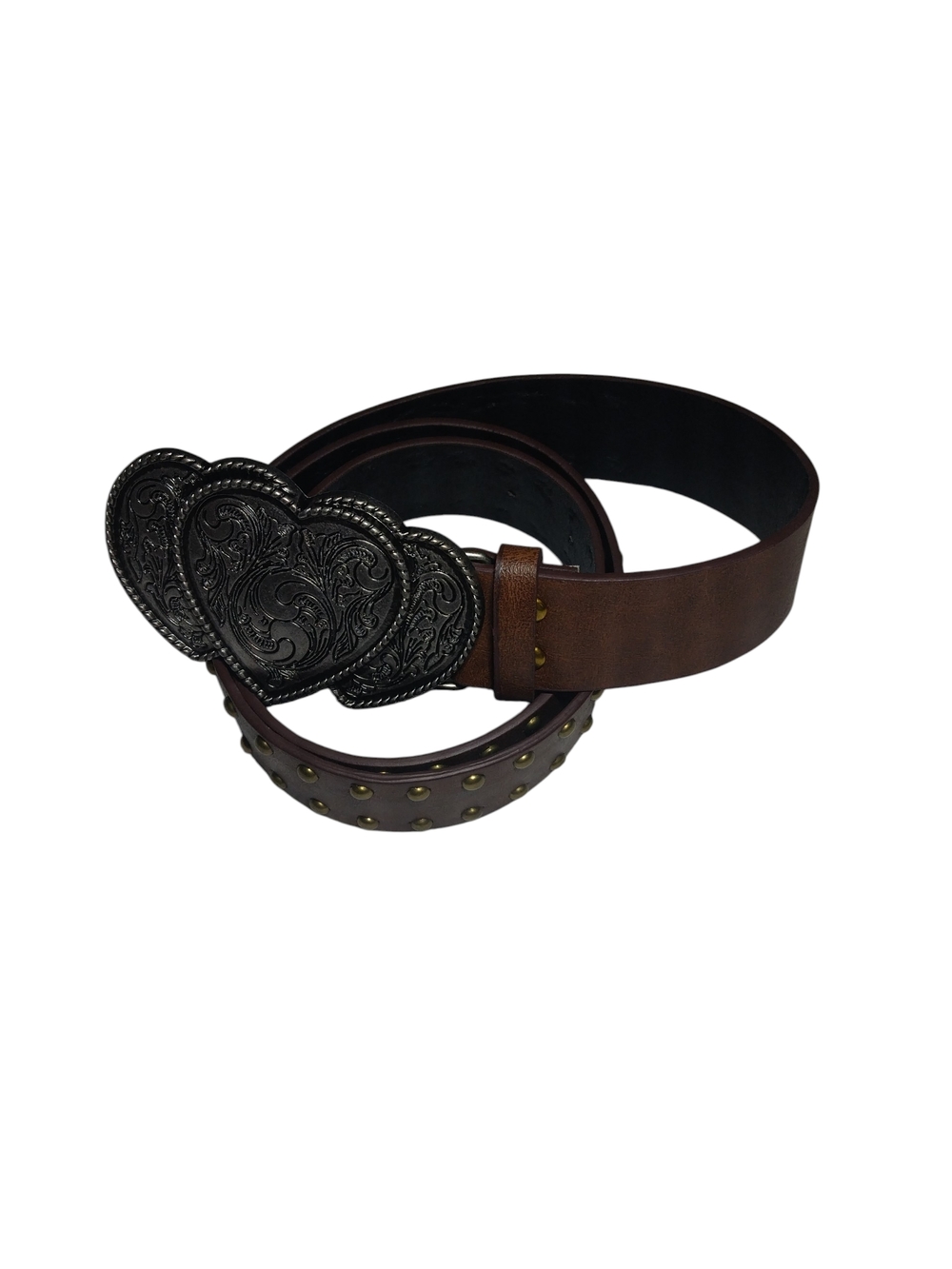 Women's Brown Studded Leather Belt with Heart Buckle Y2K - Picture 4 of 4